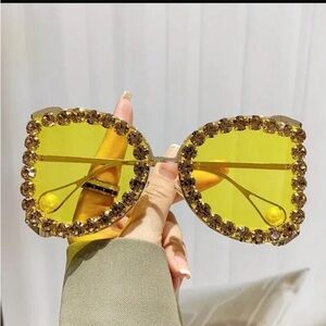Yellow Crystal-Trim Women's Fashion Sunglasses